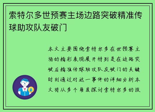 索特尔多世预赛主场边路突破精准传球助攻队友破门 索特尔多世预赛主场边路突破精准传球助攻队友破门